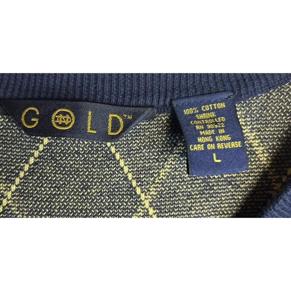 vintage Gold brand Notre Dame Fighting Irish navy blue argyle cotton v-neck L